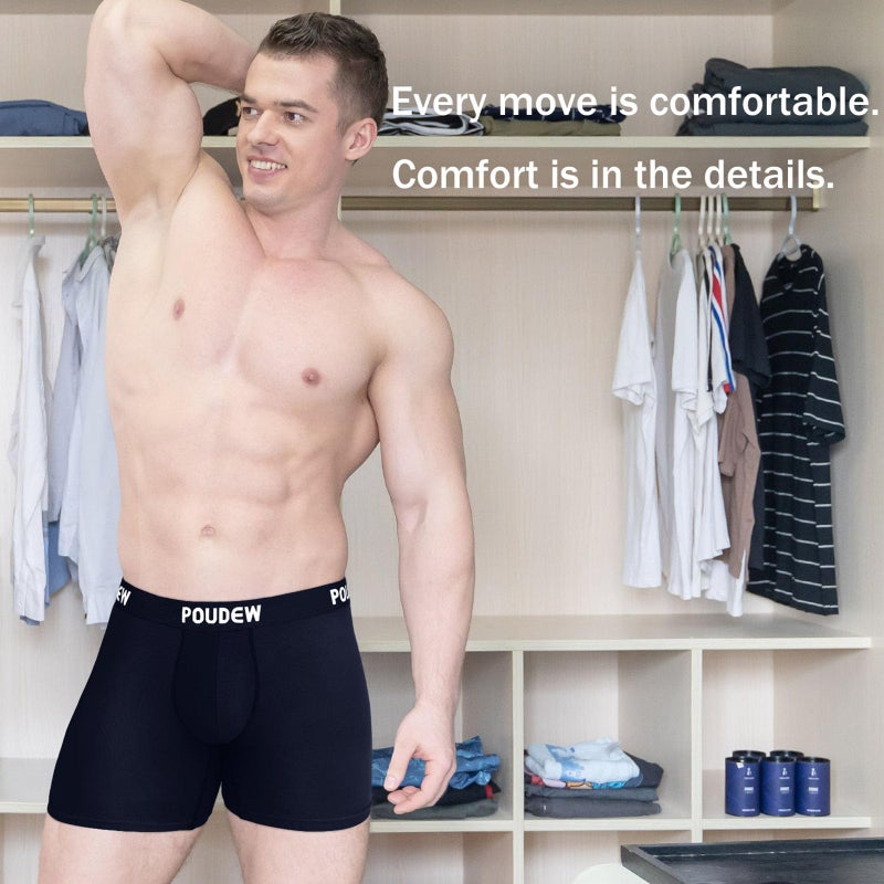 POUDEW Men's Breathable Viscose Moisture Wicking No Roll Waistband Tagless Underwear Boxer Briefs, Pack of 5 (Medium, Black/Grey/Navy/Blue/Red) - Image 2